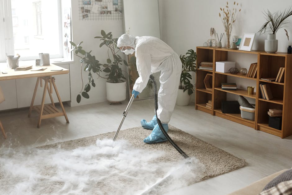A person operating a commercial vacuum cleaner on a dark carpeted floor in an auditorium or conference hall, with blue walls and tiered seating in the background. The individual is dressed in light-co